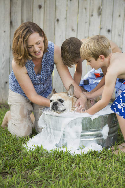 Familia lavado perro en bañera - foto de stock