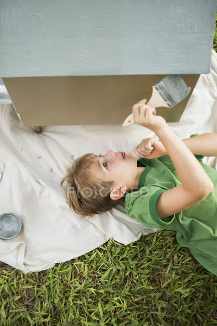 Мальчик в саду, покраска собачьего дома — стоковое фото