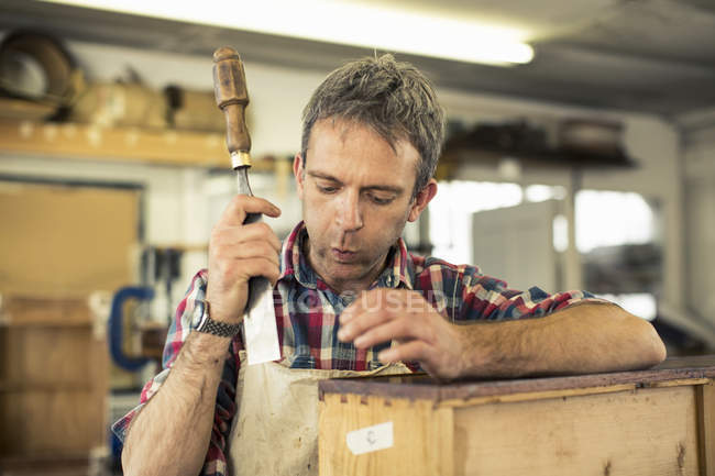 Антикварний реставратор меблів тримає стамеску — стокове фото