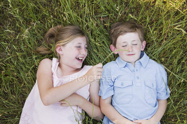 Hermano y hermana tendidos en la hierba - foto de stock