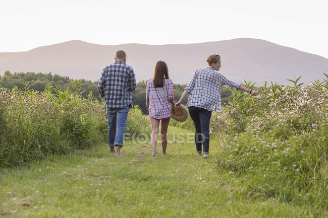 Dos mujeres y un hombre caminando en un prado - foto de stock