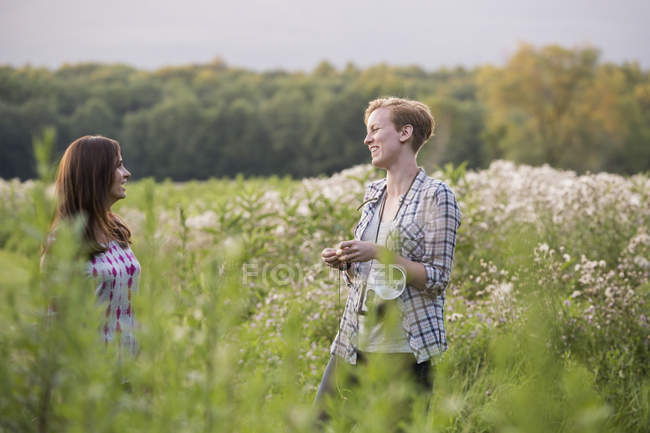 Women standing in a meadow surrounded by tall grass — Stock Photo