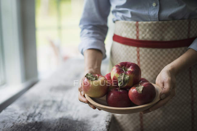 Persona che tiene una ciotola di mele
. — Foto stock