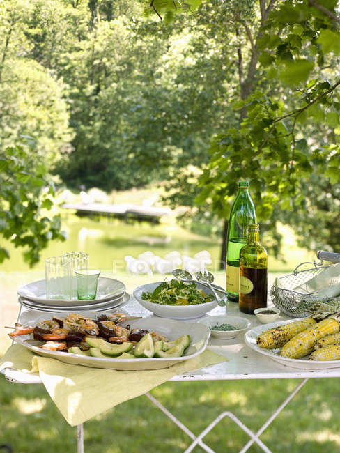 Table à buffet installée dans un jardin — Photo de stock