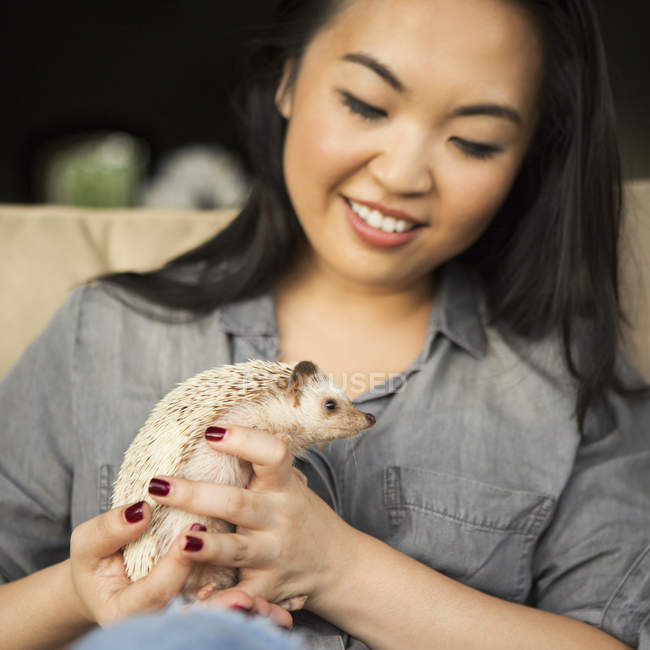 Woman holding a hedgehog — Stock Photo