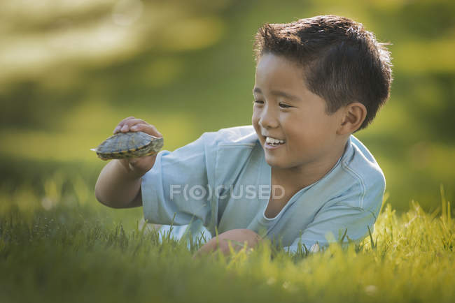 Asiático chico holding un pequeño terrapin - foto de stock