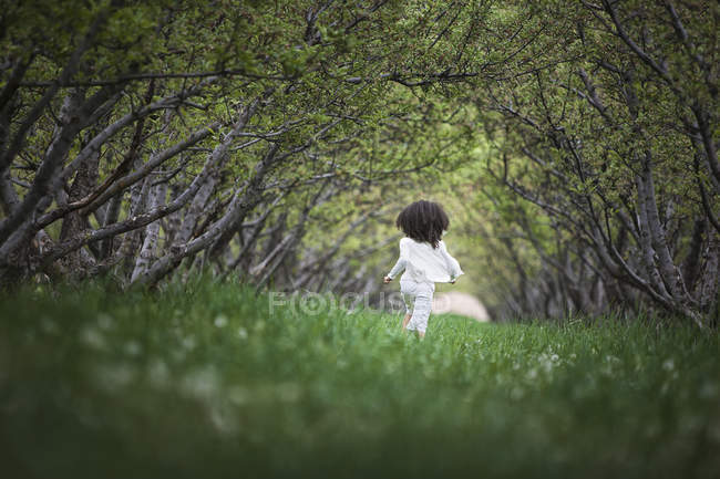 Child running along tree branches arch — Stock Photo