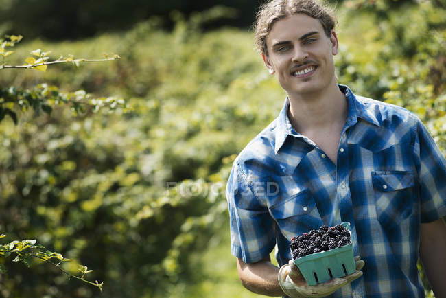 Young man with picked blackberries — Stock Photo