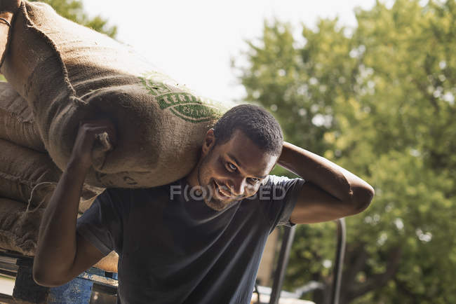 Man carrying a sack full of coffee — Stock Photo
