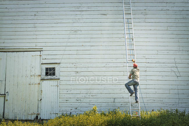 Hombre subiendo una escalera - foto de stock