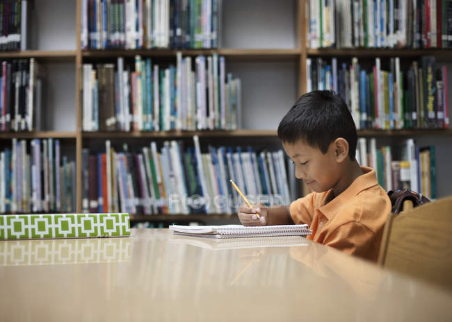 Rapaz numa biblioteca escolar — Fotografia de Stock