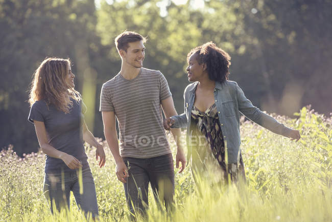 Hombre y dos mujeres caminando en un prado - foto de stock