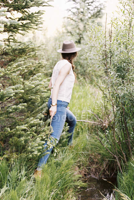 Mujer caminando por un bosque
. - foto de stock