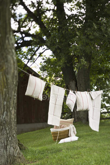 Linha de lavagem com roupa de casa — Fotografia de Stock