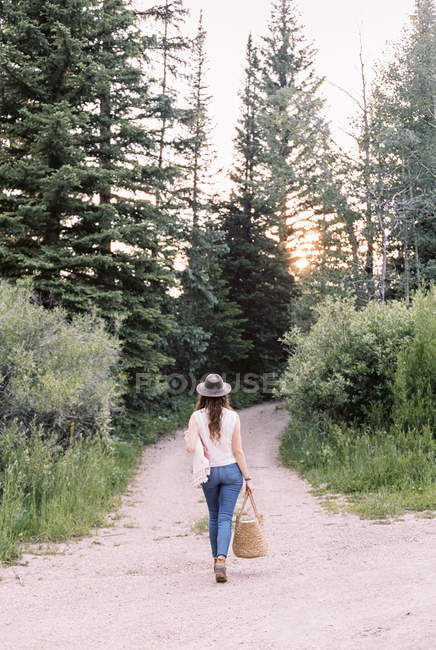 Mulher caminhando ao longo de um caminho florestal — Fotografia de Stock