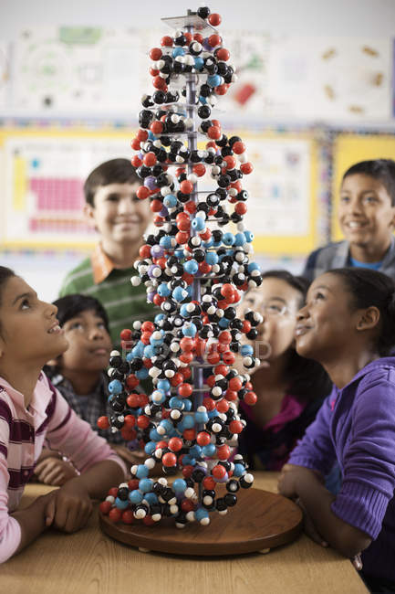 Schüler versammelten sich um ein molekulares Modell — Stockfoto