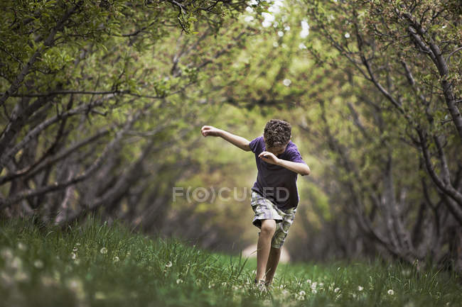 Niño corriendo a lo largo del arco de ramas - foto de stock