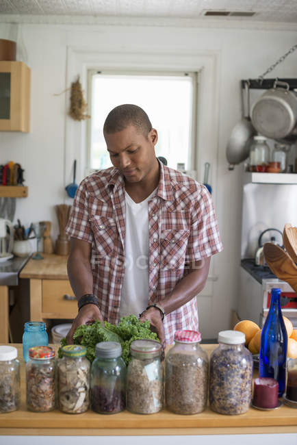 Человек на кухне готовит листья салата — стоковое фото