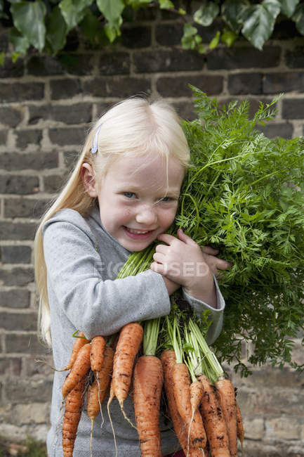 Ragazza che tiene un grande mazzo di carote . — Foto stock