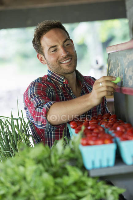 Man chalking up prices on the blackboard — Stock Photo