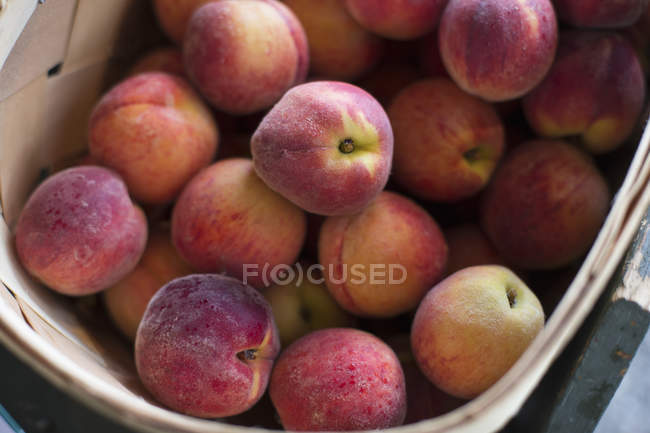 Crate of organic peaches. — Stock Photo