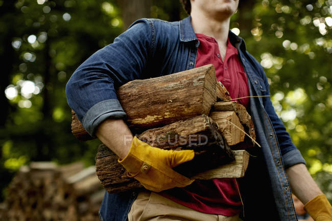 Hombre llevando una pila de troncos - foto de stock