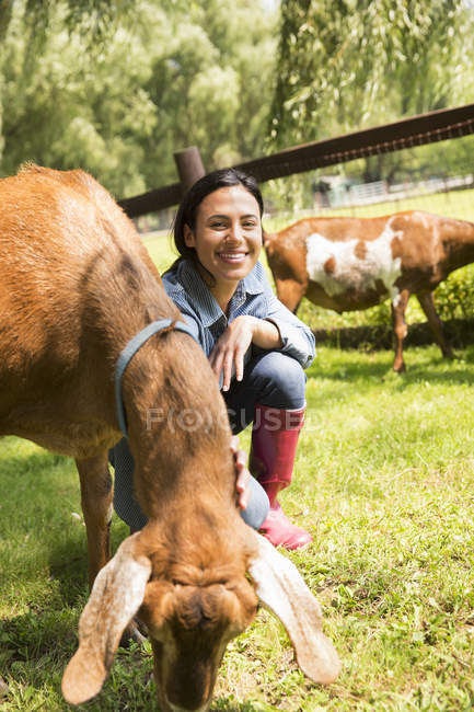 Женщина с двумя большими козами — стоковое фото