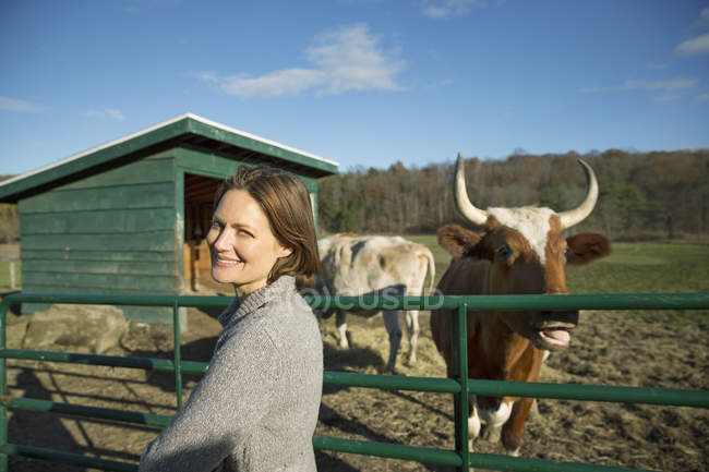 Frau füttert zwei Kühe. — Stockfoto
