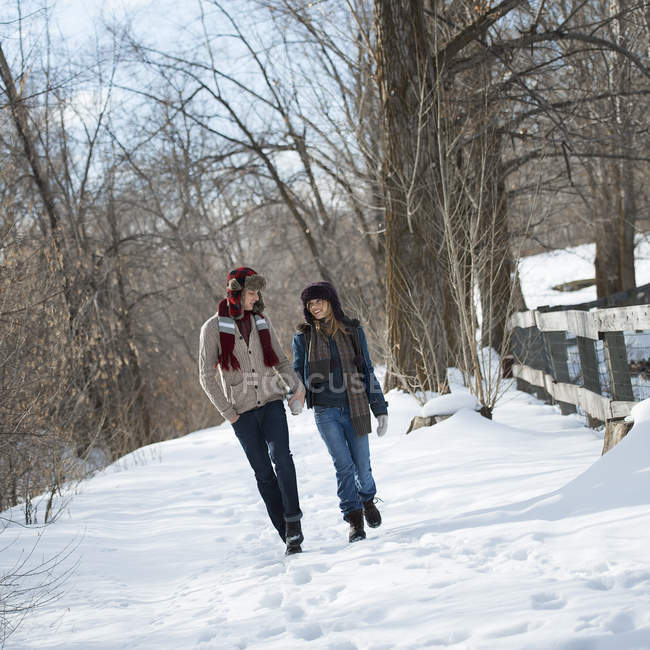 Пара прогулки на зимних пейзажах — стоковое фото