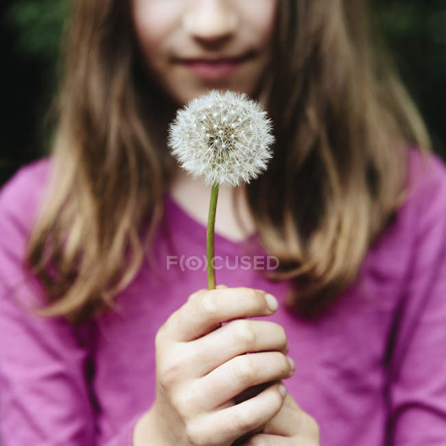 Girl holding a dandelion clock seedhead — Stock Photo