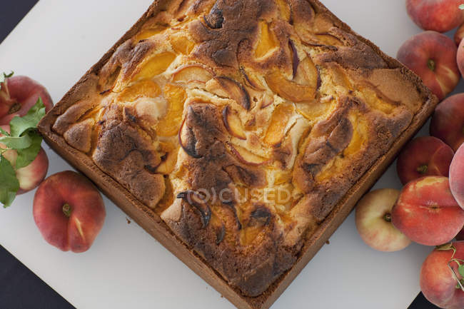 Square baked peach cake — Stock Photo
