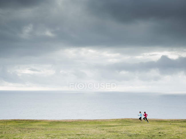 Mujeres corriendo a lo largo de la costa
. - foto de stock
