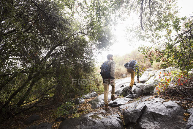 Hommes portant des sacs à dos randonnée . — Photo de stock
