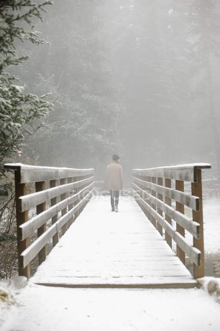 Woman walking on a footbridge in snow. — Stock Photo