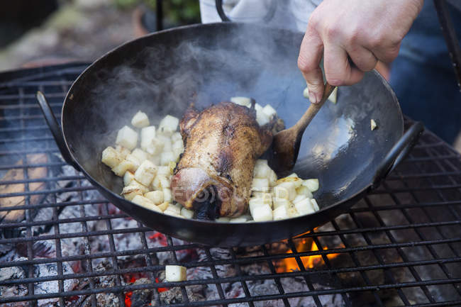 Game bird in pan above a fire. — Stock Photo