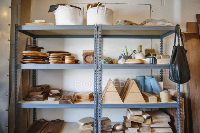Shelves in a wood turner workshop — Stock Photo