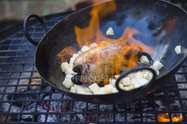 Дичь птица в сковороде с пламенем — стоковое фото