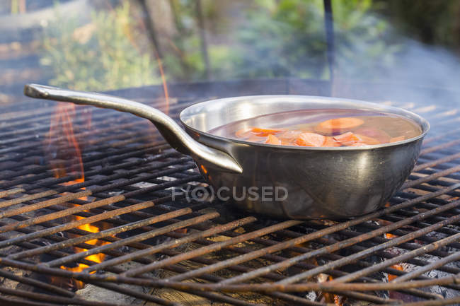 Small pan over an open fire. — Stock Photo