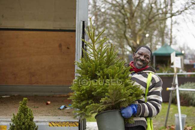 Homem carregando um pinheiro em um centro de jardim — Fotografia de Stock