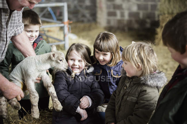 Agricultor y niños con cordero recién nacido - foto de stock