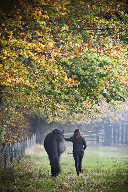 Femme marchant avec un cheval — Photo de stock