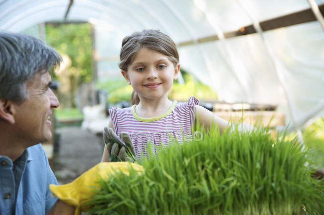 Adult and a child tending to the plants. — Stock Photo