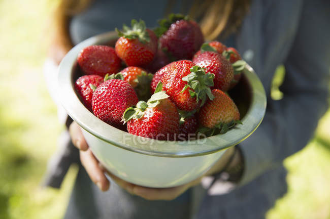 Woman carrying bowl of organic strawberries — Stock Photo