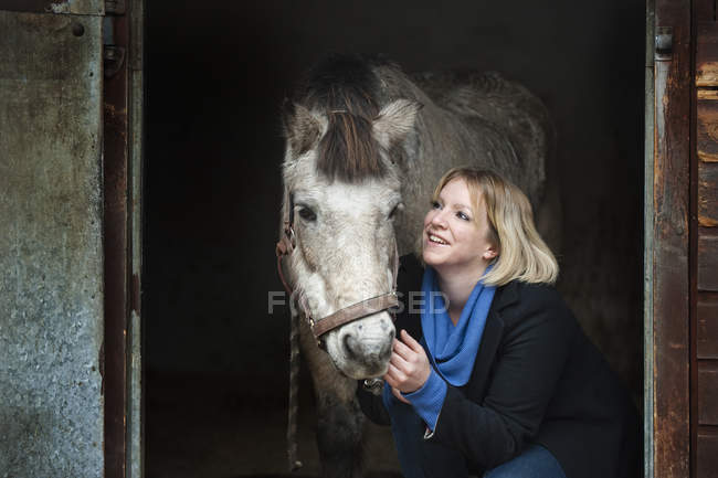 Femme caressant muselière cheval gris — Photo de stock