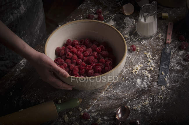 Female hands holding bowl with raspberries — Stock Photo