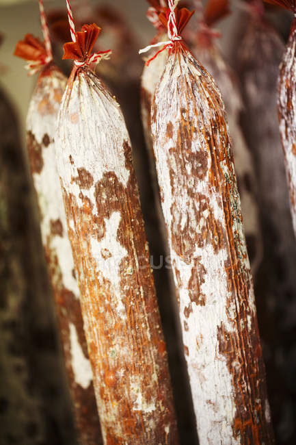Salsichas Chorizo penduradas em ganchos — Fotografia de Stock