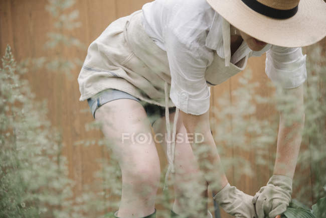 Mujer trabajando en un jardín - foto de stock