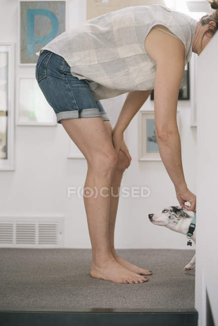 Descalza mujer acariciando blanco perro - foto de stock