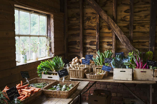Organic produce in farm shop — Stock Photo
