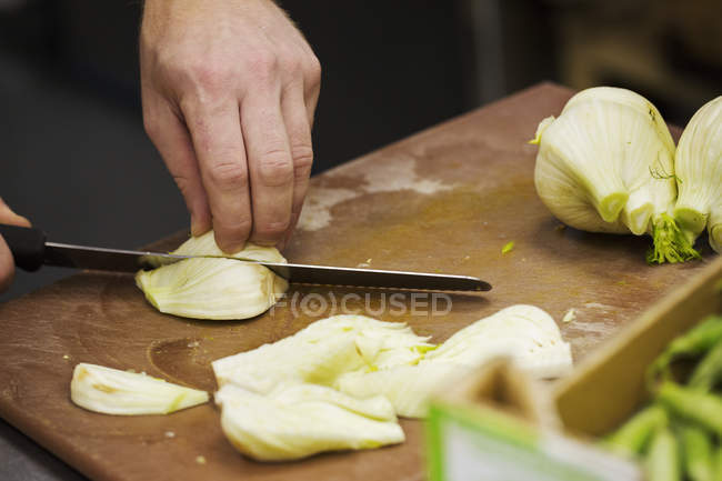 Шеф-повар нарезает луковицы фенхеля — стоковое фото